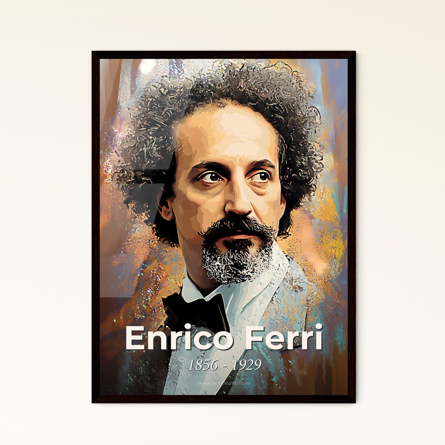 Portrait of Enrico Ferri, 1856 - 1929. Impressionistic painting of a man with curly hair and a bow tie.