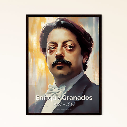 Portrait of Enrique Granados, 1867 - 1916. Impressionistic painting of a man with mustache and a bow tie.