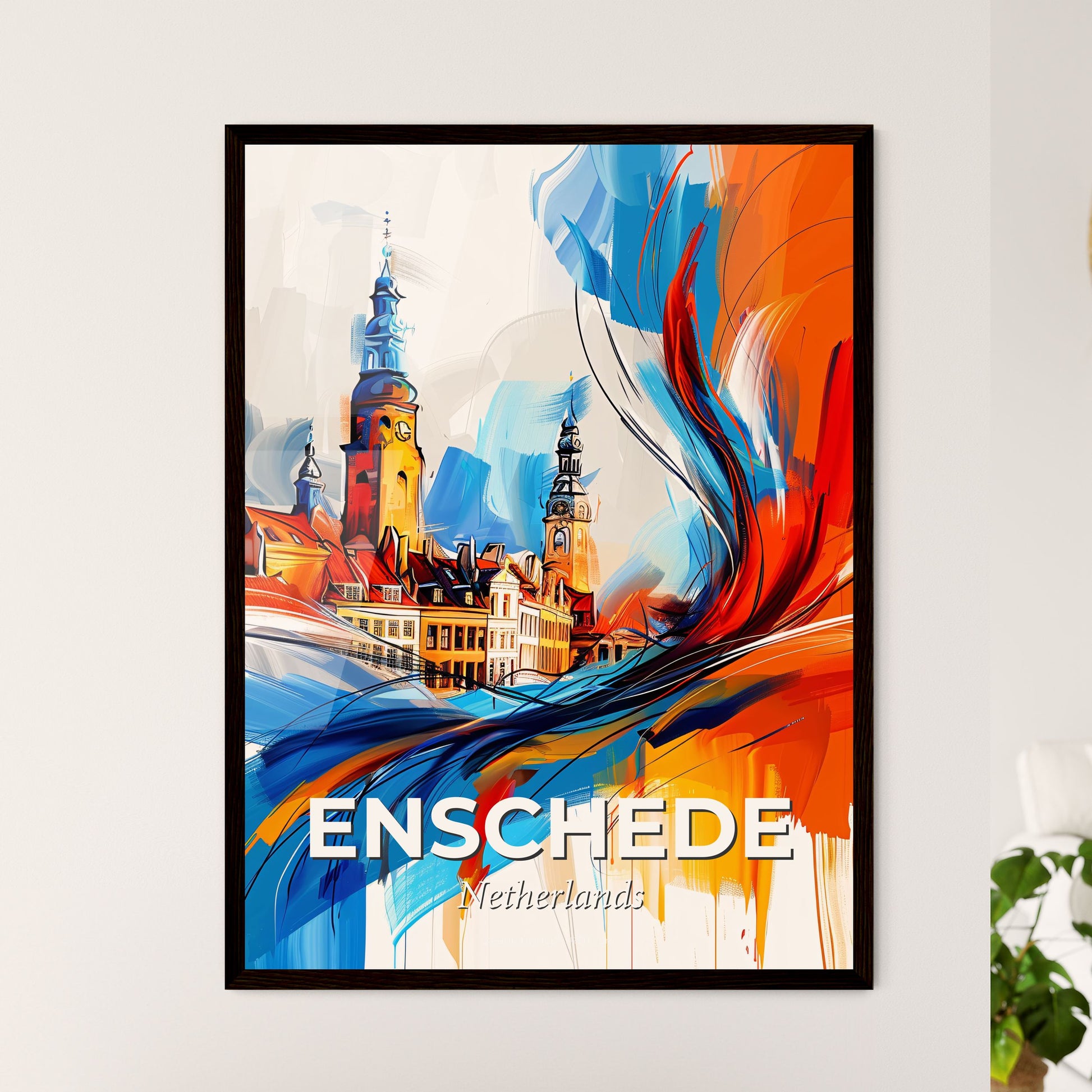 Vibrant Enschede, Netherlands - A Painting Of A Building With A Tower And A Colorful Wave