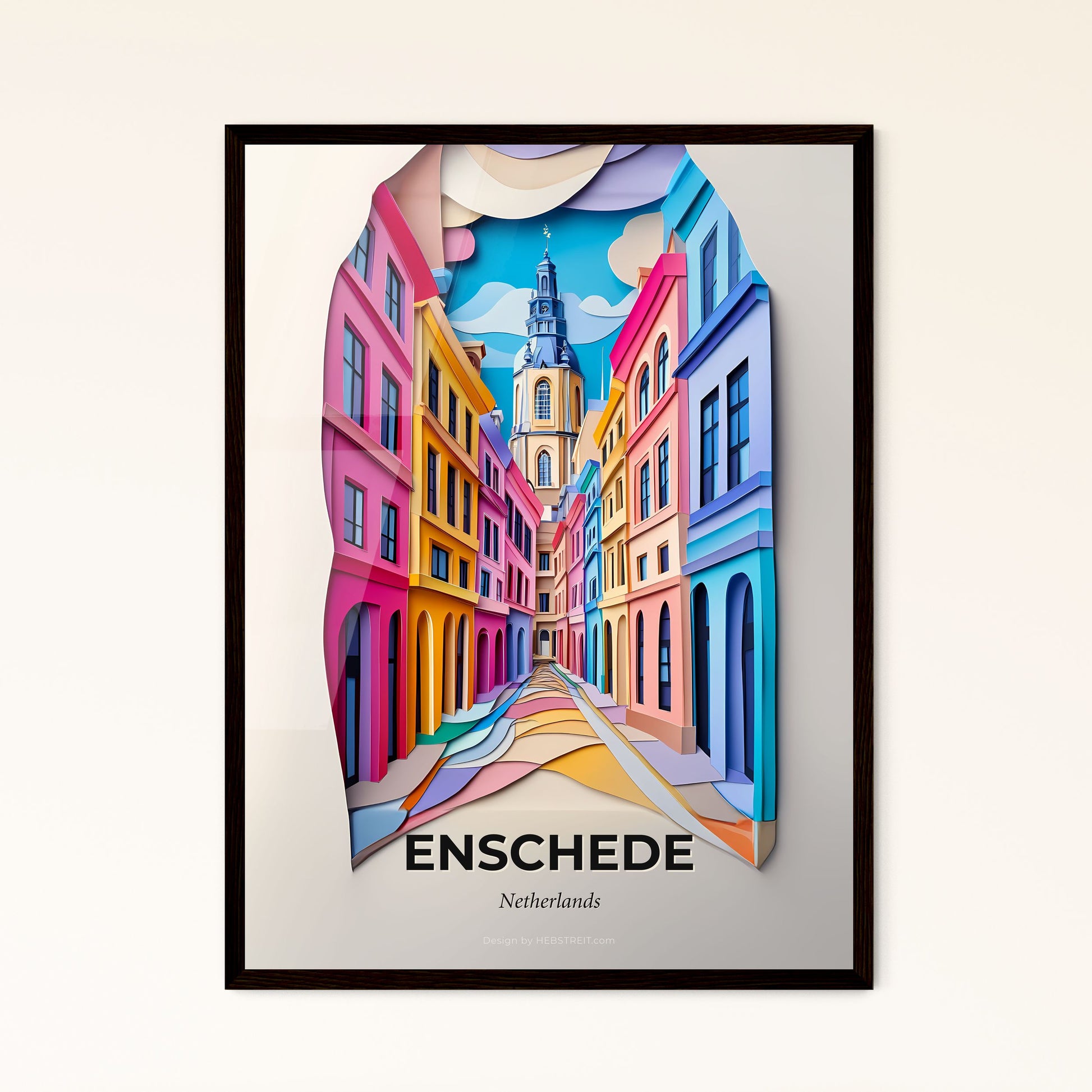 Vivid Enschede, Netherlands - a street with a clock tower in the background