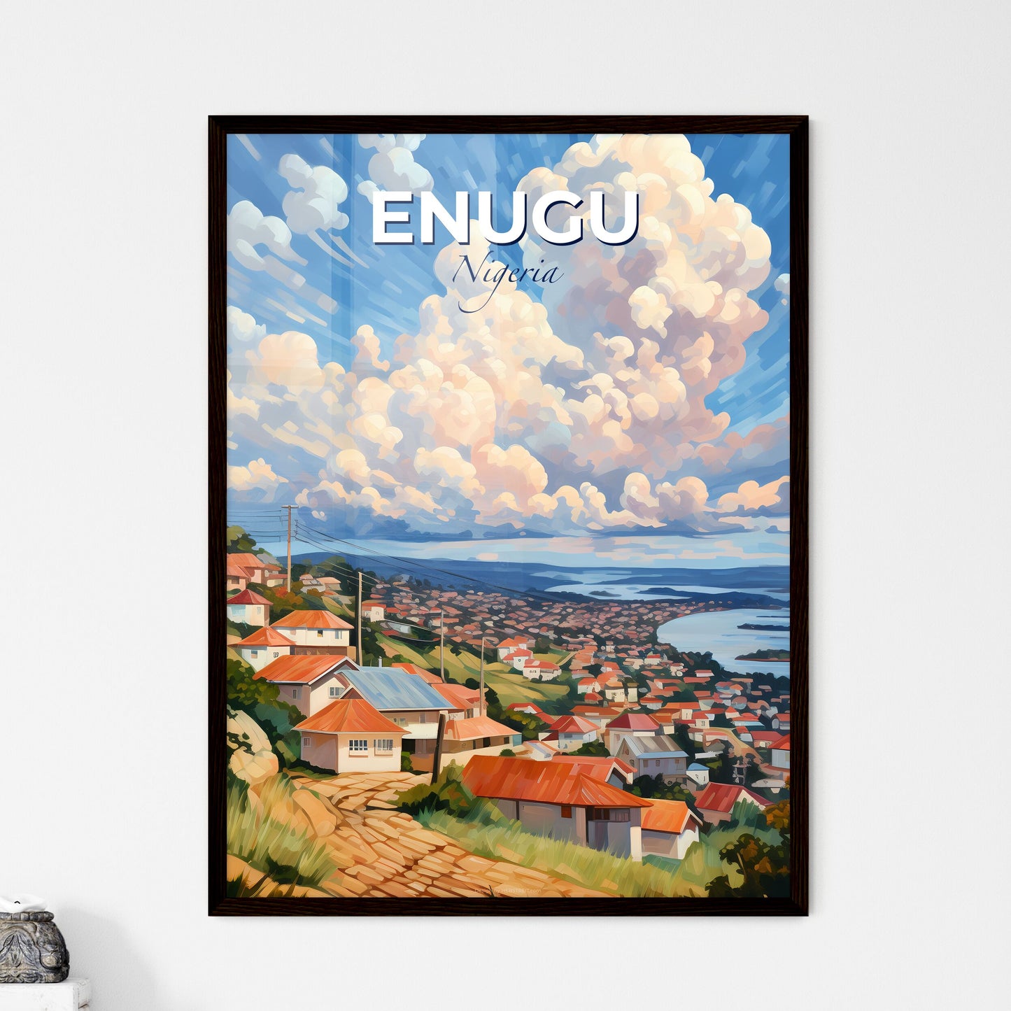 Cityscape Painting of Enugu, Nigeria: Vibrant Skyline Art with Red Roofs and Lake View Default Title