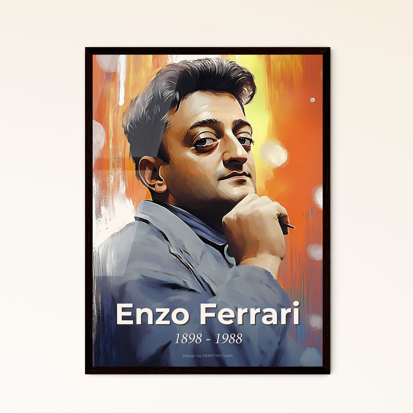 Portrait of Enzo Ferrari, 1898 - 1988. Impressionistic painting of a man with his hand on his chin.