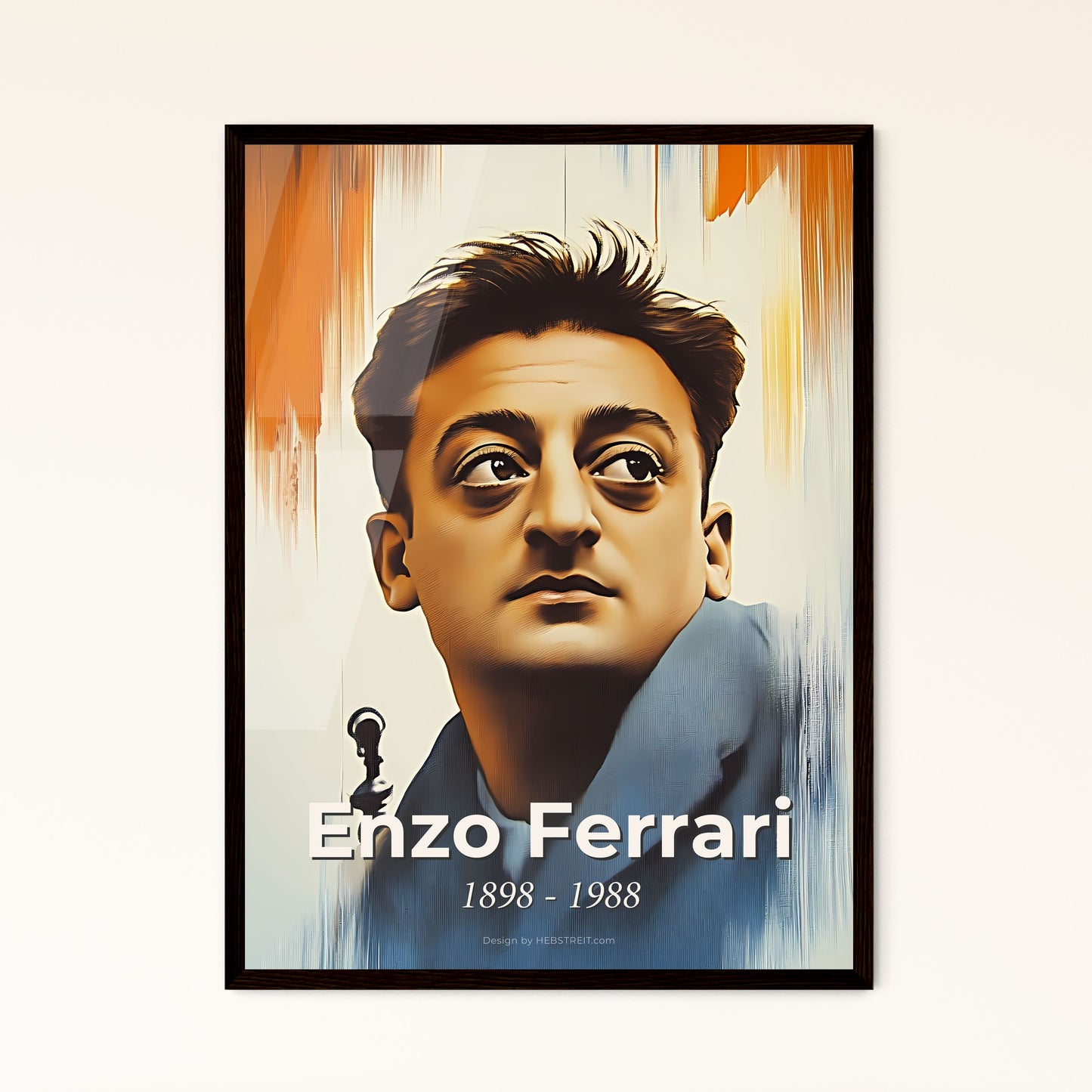 Portrait of Enzo Ferrari, 1898 - 1988. Impressionistic painting of a man looking up with a pipe.