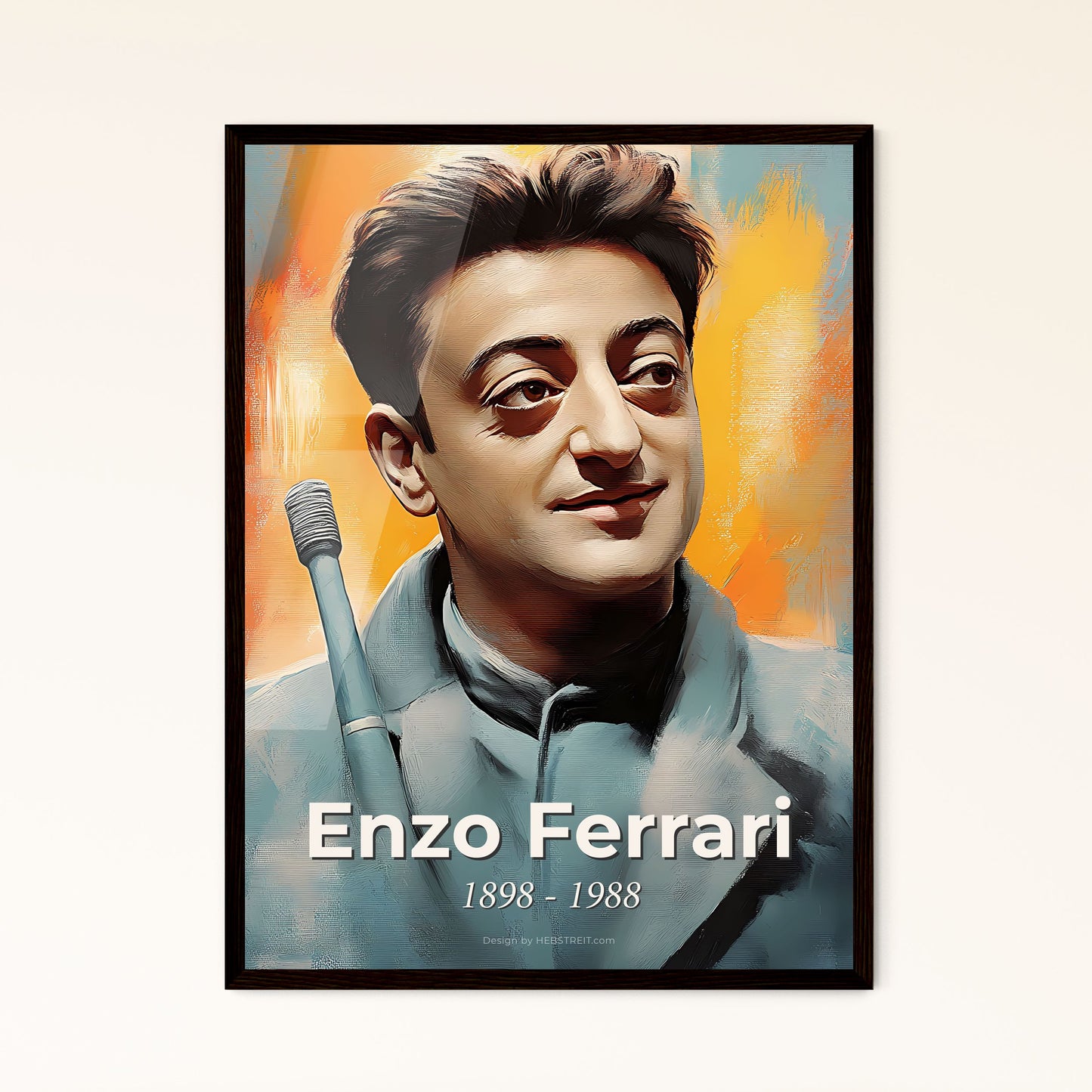 Portrait of Enzo Ferrari, 1898 - 1988. Impressionistic painting of a man with a microphone.