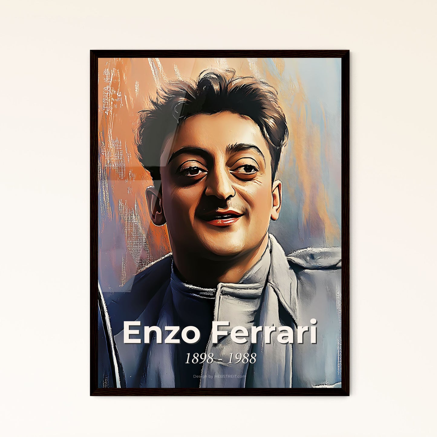 Portrait of Enzo Ferrari, 1898 - 1988. Impressionistic painting of a man in a coat.