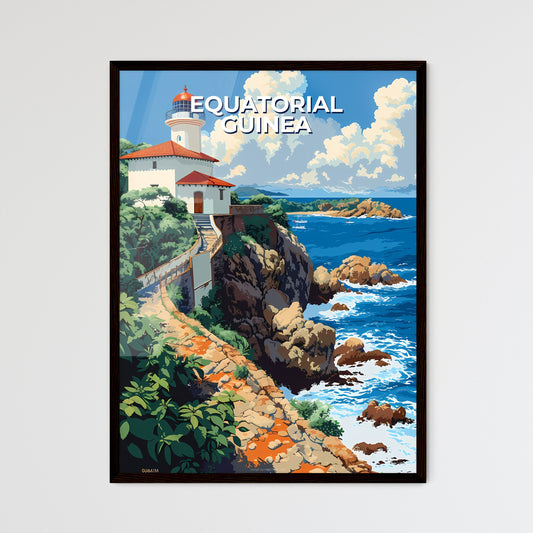 Colorful African Art Painting: Lighthouse on Cliff by Ocean, Equatorial Guinea Framed Art