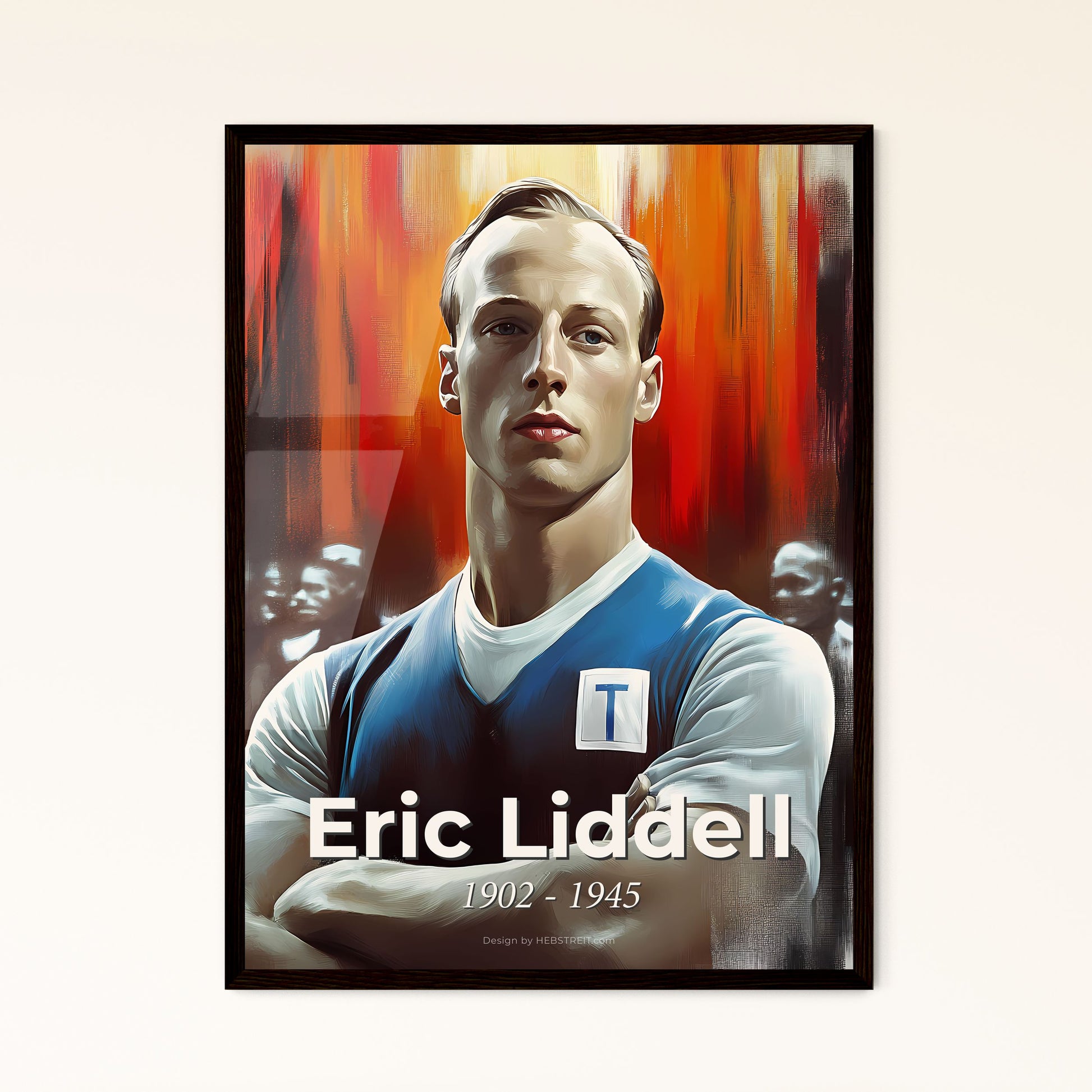 Portrait of Eric Liddell, 1902 - 1945. Impressionistic painting of a man with arms crossed.