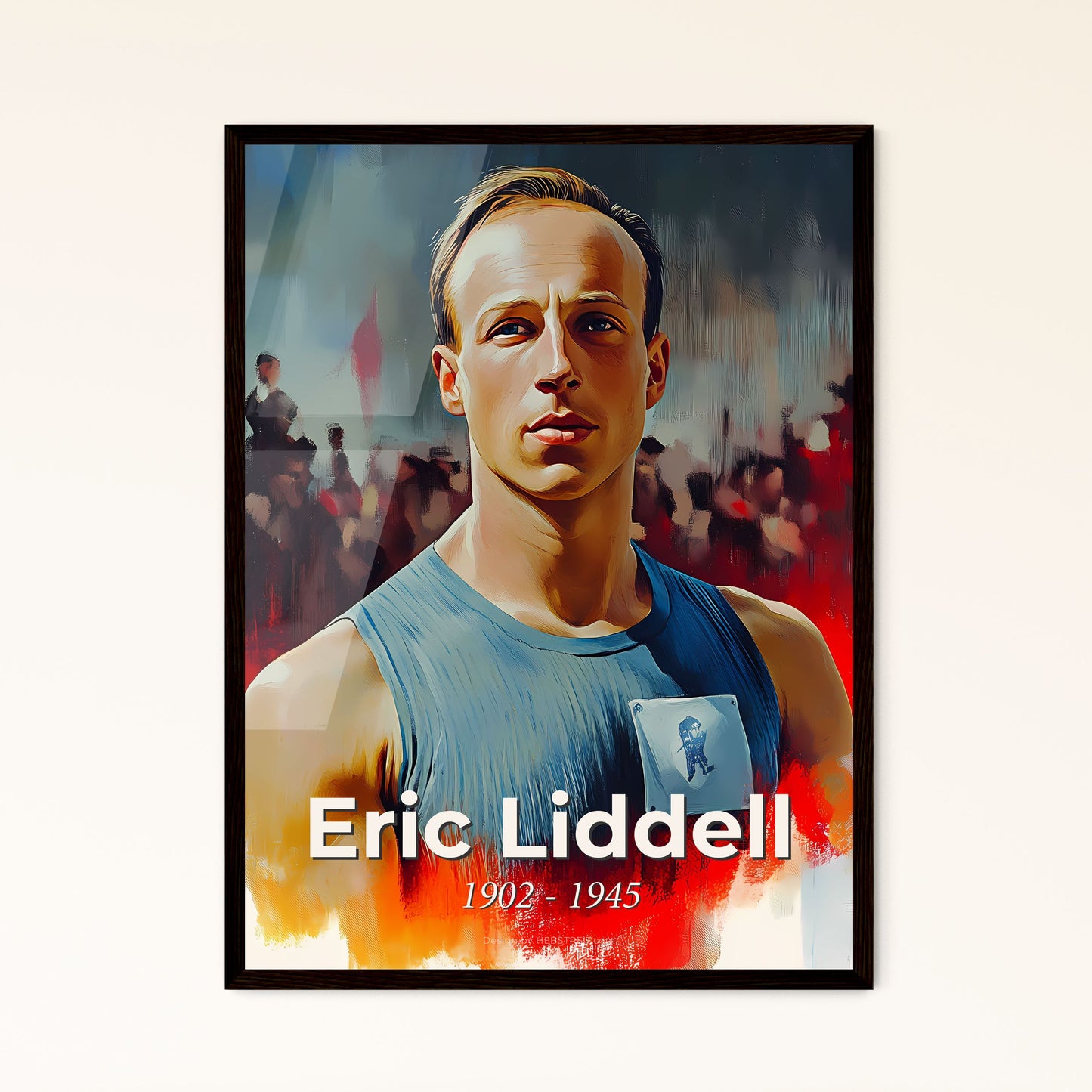 Portrait of Eric Liddell, 1902 - 1945. Impressionistic painting of a man in a tank top.