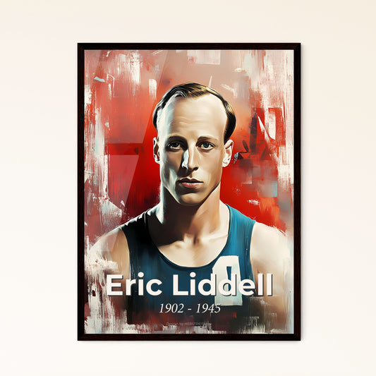 Portrait of Eric Liddell, 1902 - 1945. Impressionistic painting of a man in a tank top.