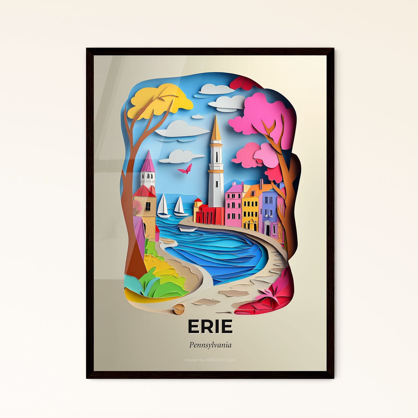 Vivid Erie, Pennsylvania - a paper cut of a city with a river and a tree