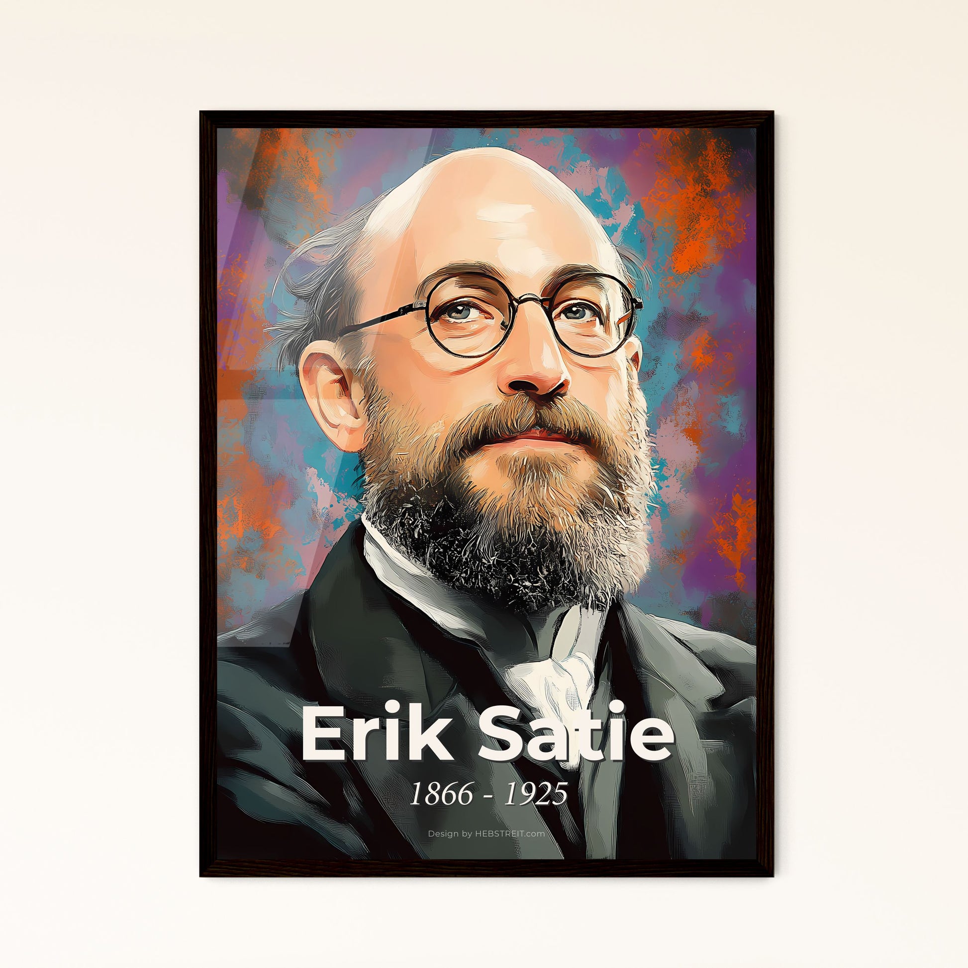 Portrait of Erik Satie, 1866 - 1925. Impressionistic painting of a man with a beard and glasses.