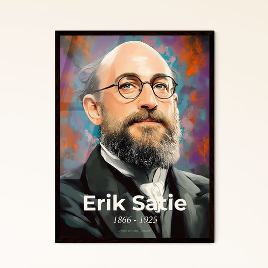 Portrait of Erik Satie, 1866 - 1925. Impressionistic painting of a man with a beard and glasses.