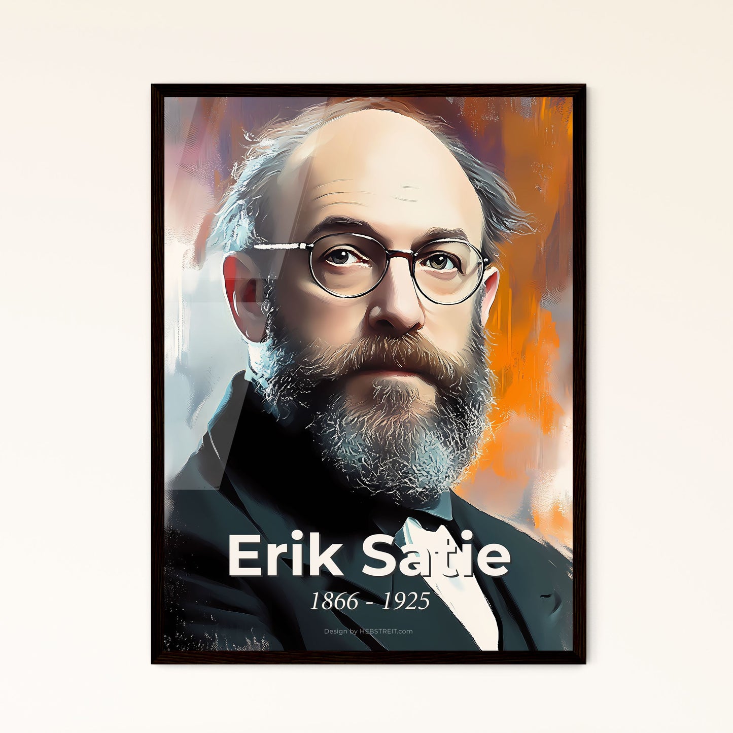 Portrait of Erik Satie, 1866 - 1925. Impressionistic painting of a man with a beard and glasses.