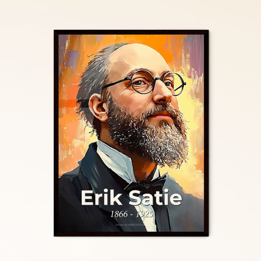 Portrait of Erik Satie, 1866 - 1925. Impressionistic painting of a man with a beard wearing glasses.