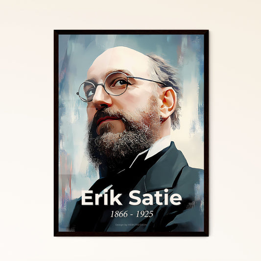 Portrait of Erik Satie, 1866 - 1925. Impressionistic painting of a man with a beard and glasses.