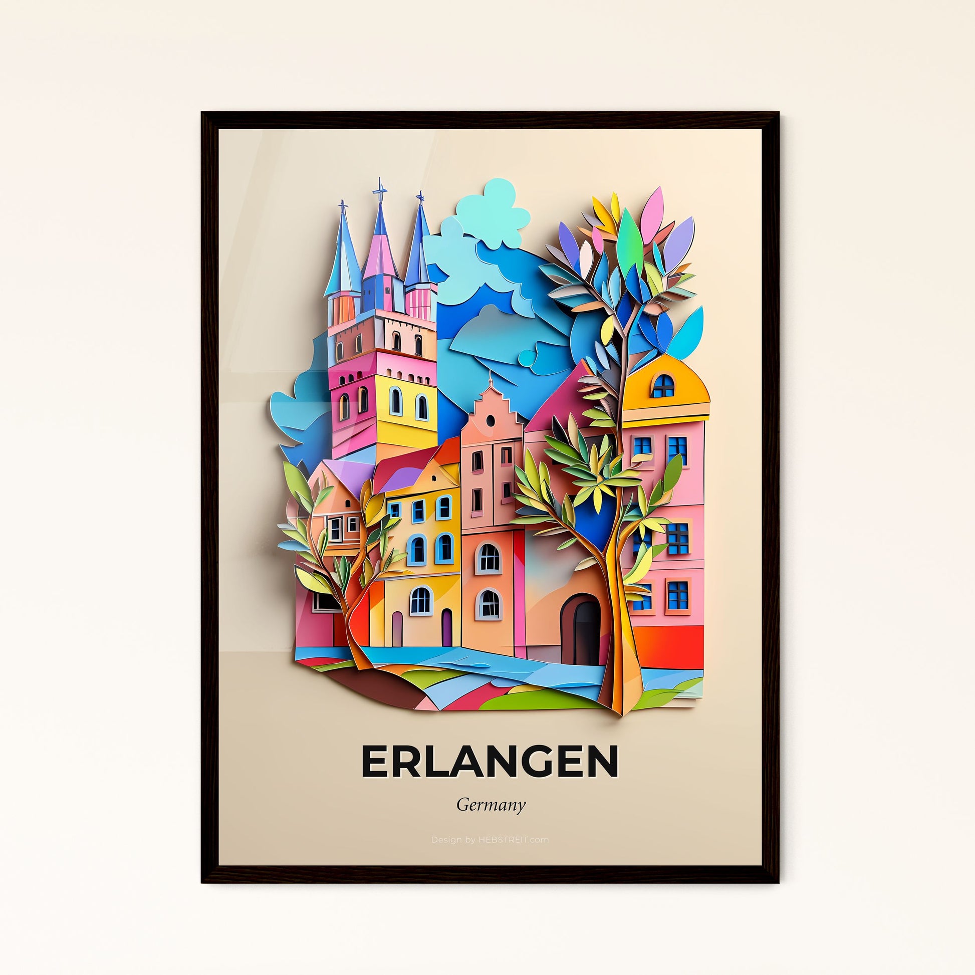 Vivid Erlangen, Germany - a paper cut of a colorful city with trees