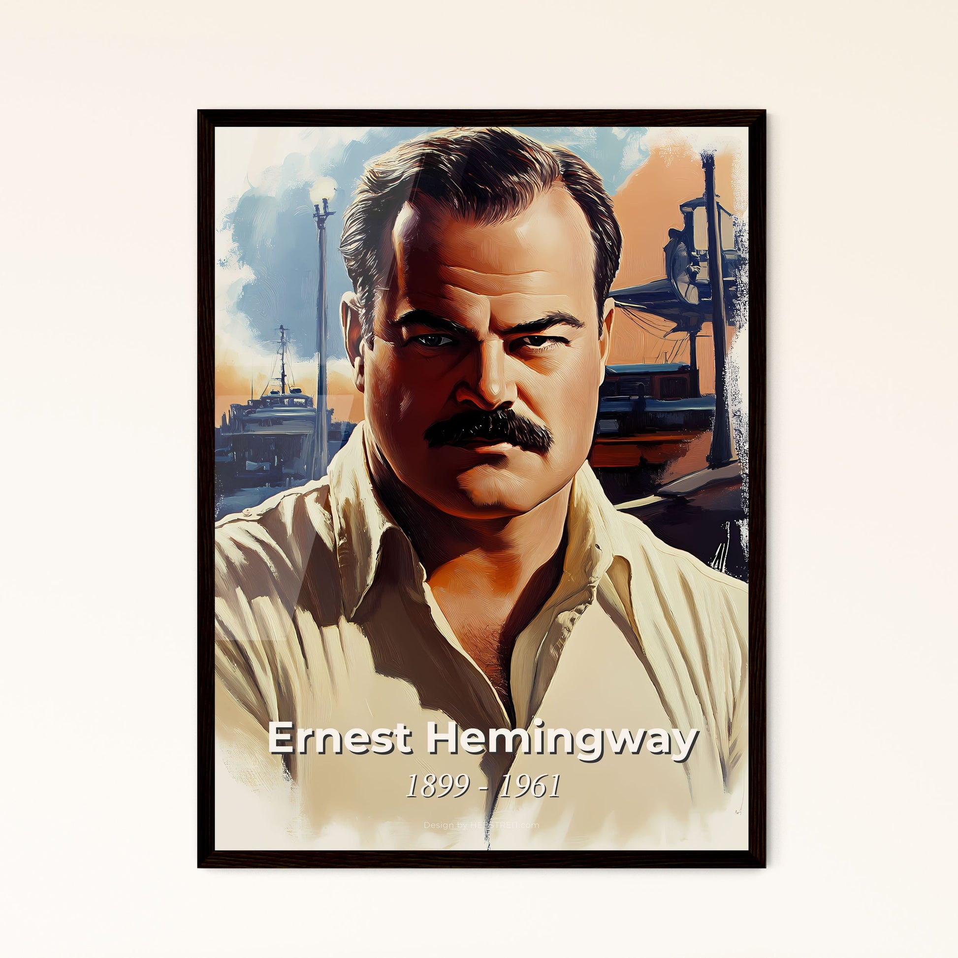 Portrait of Ernest Hemingway, 1899 - 1961. Impressionistic painting of a man with a mustache.