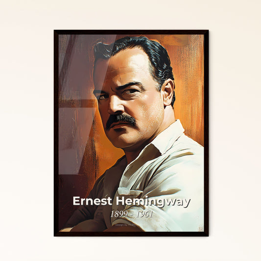 Portrait of Ernest Hemingway, 1899 - 1961. Impressionistic painting of a man with a mustache.