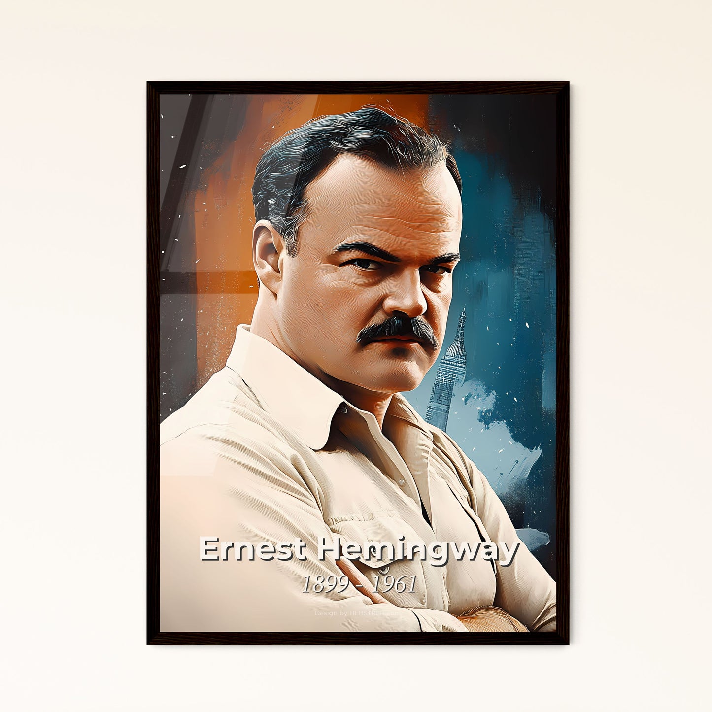 Portrait of Ernest Hemingway, 1899 - 1961. Impressionistic painting of a man with a mustache.