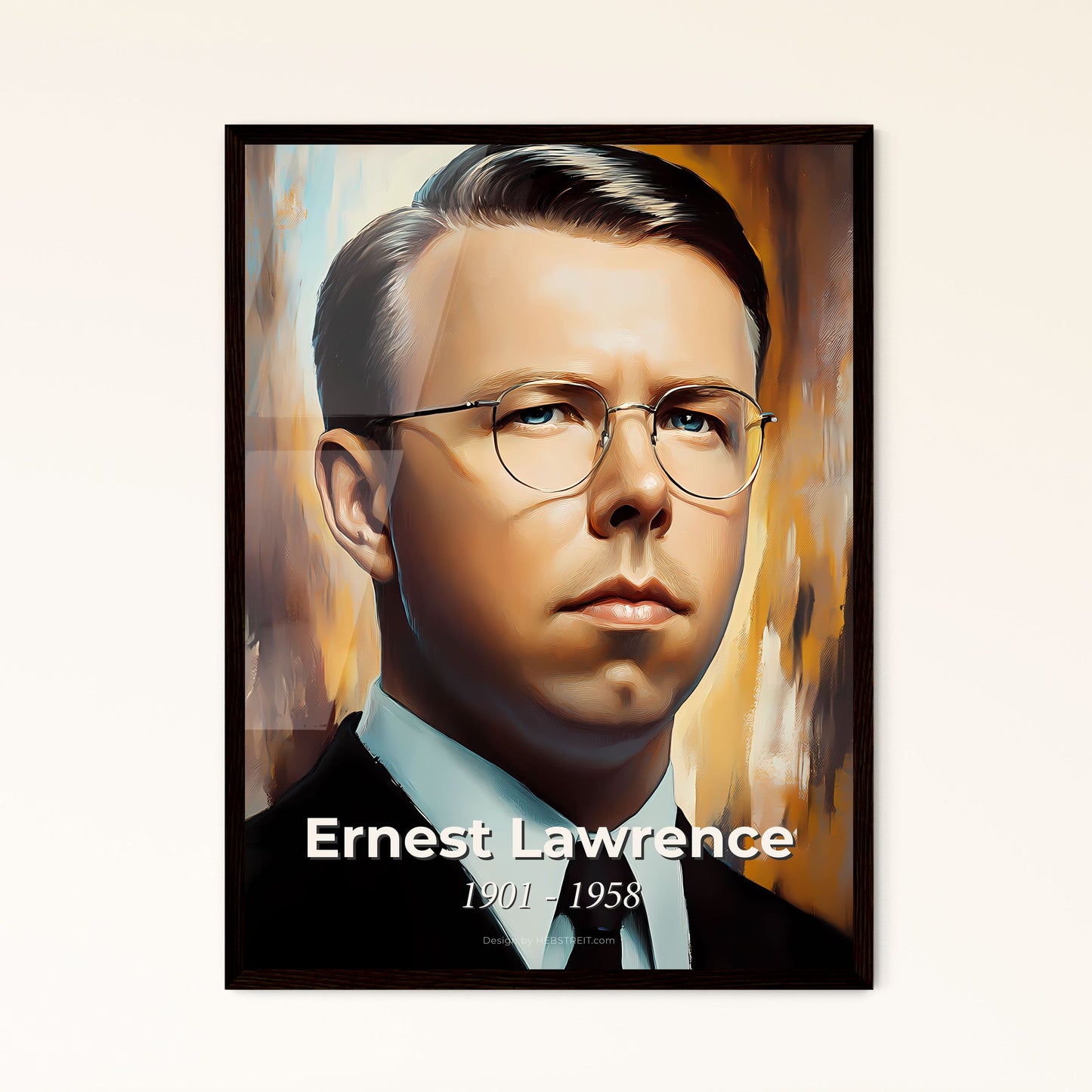 Portrait of Ernest Lawrence, 1901 - 1958. Impressionistic painting of a man wearing glasses and a suit.