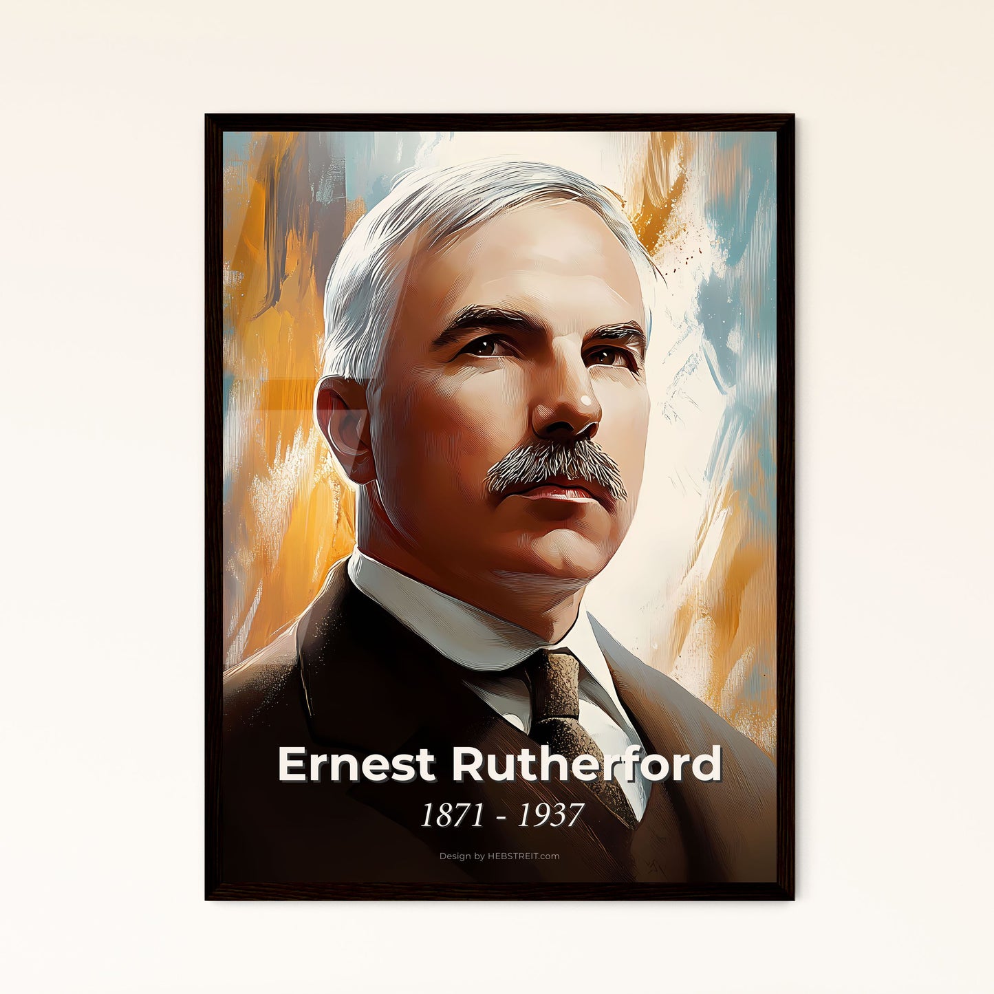 Portrait of Ernest Rutherford, 1871 - 1937. Impressionistic painting of a man with a mustache.