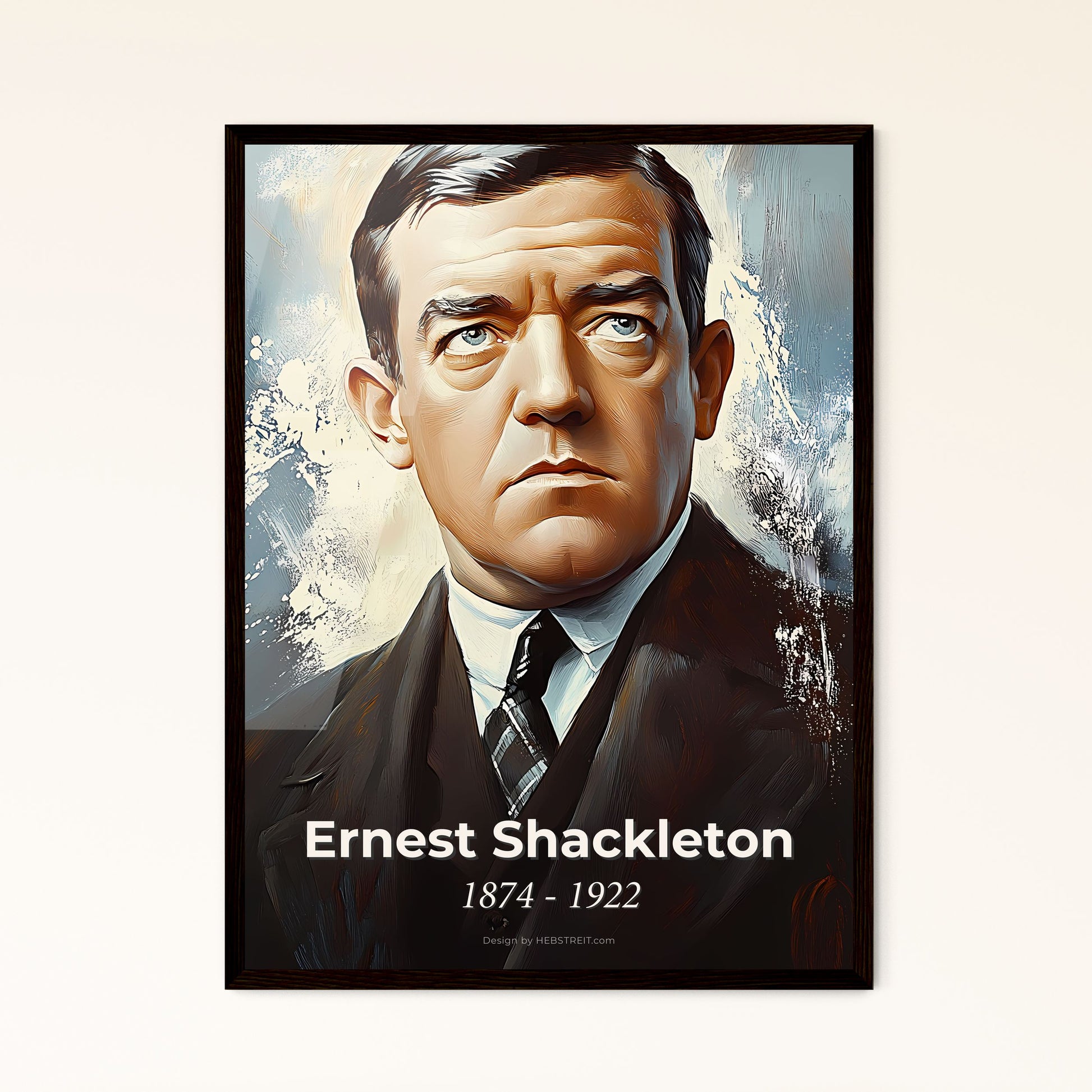 Portrait of Ernest Shackleton, 1874 - 1922. Impressionistic painting of a man in a suit.