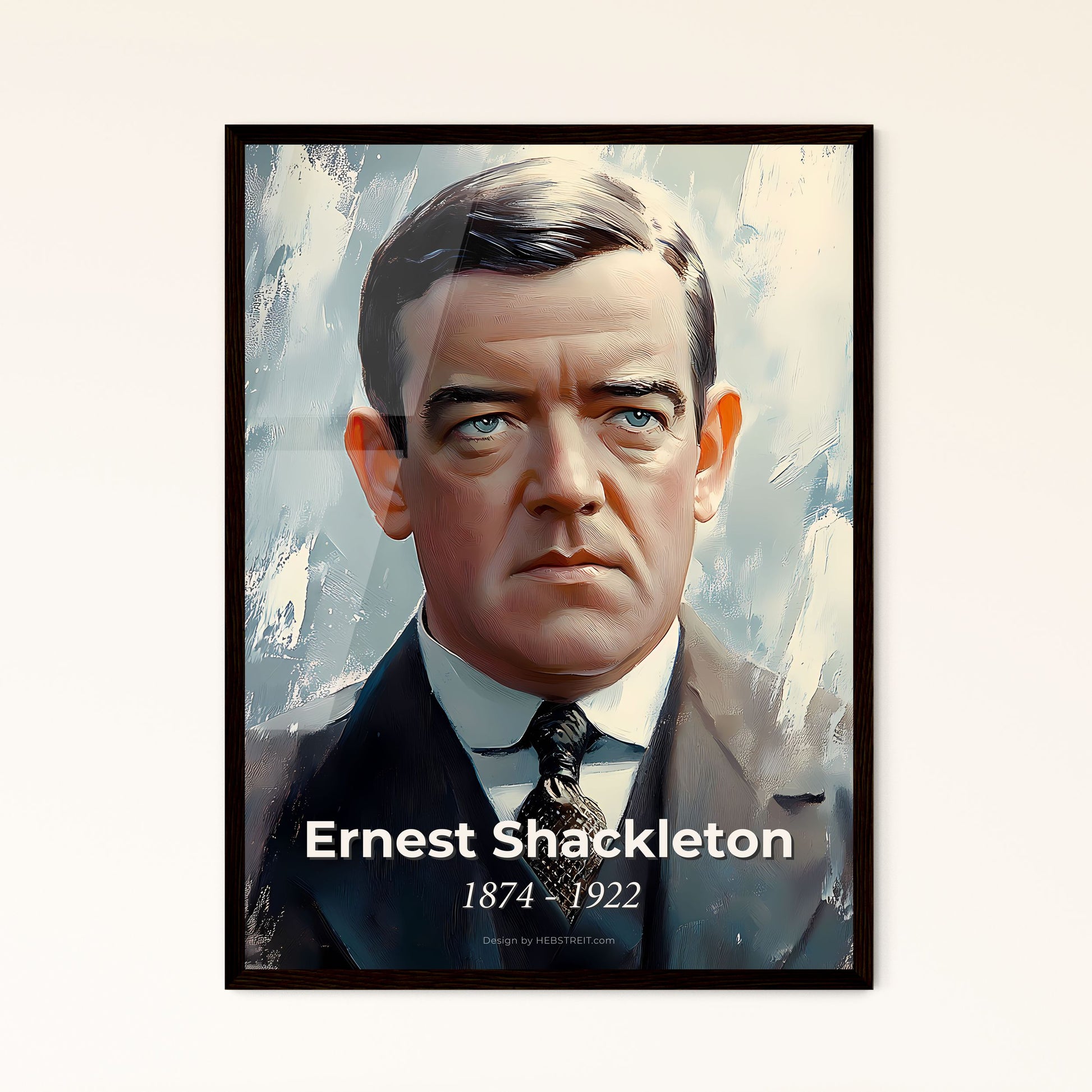 Portrait of Ernest Shackleton, 1874 - 1922. Impressionistic painting of a man in a suit.