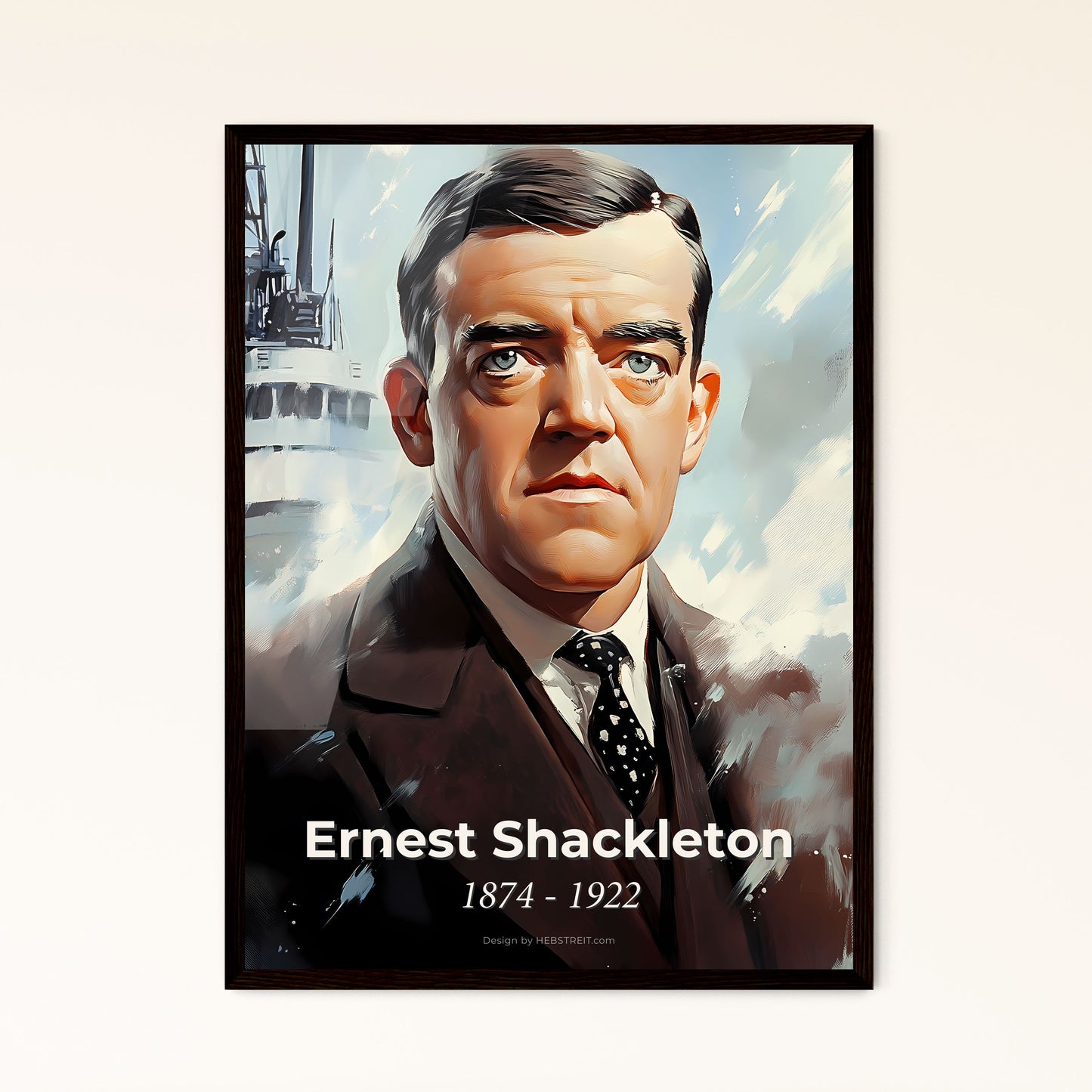 Portrait of Ernest Shackleton, 1874 - 1922. Impressionistic painting of a man in a suit and tie.