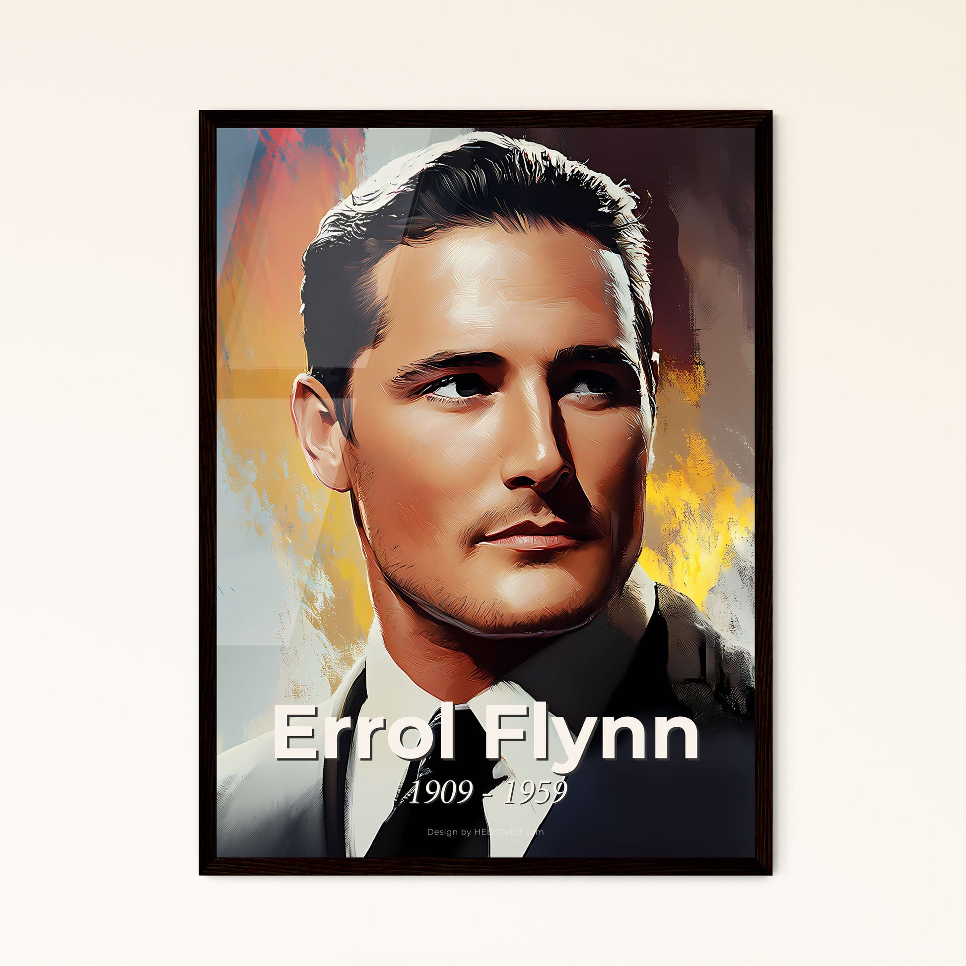 Portrait of Errol Flynn, 1909 - 1959. Impressionistic painting of a man in a suit and tie.