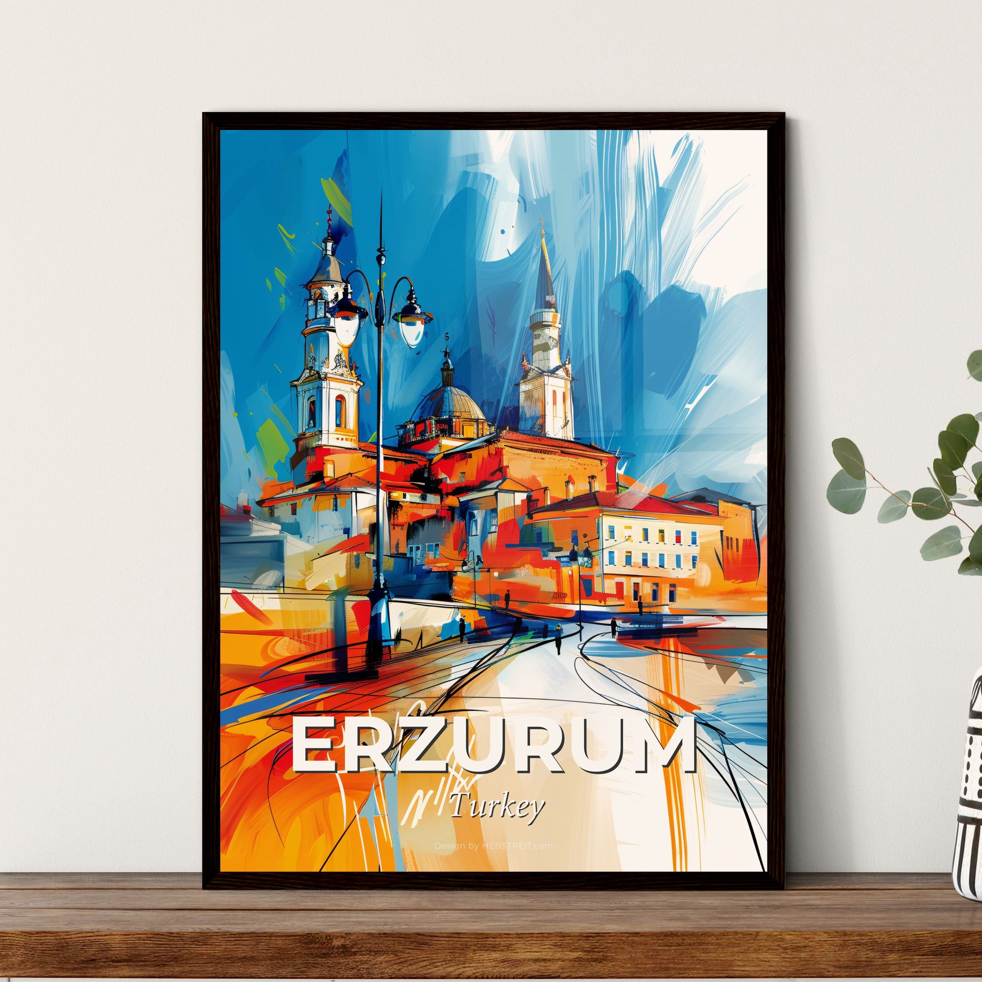 Vibrant Erzurum, Turkey - A Painting Of A Building With Towers And A Street Light