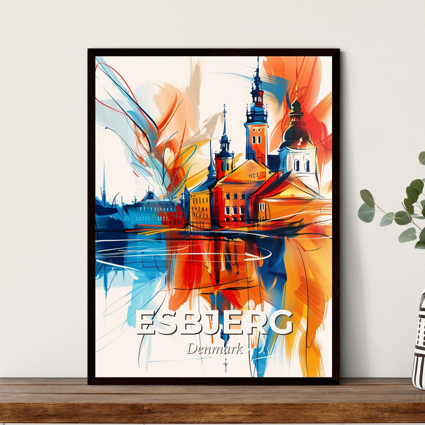 Vibrant Esbjerg, Denmark - A Painting Of A Building With Towers And A Colorful Background