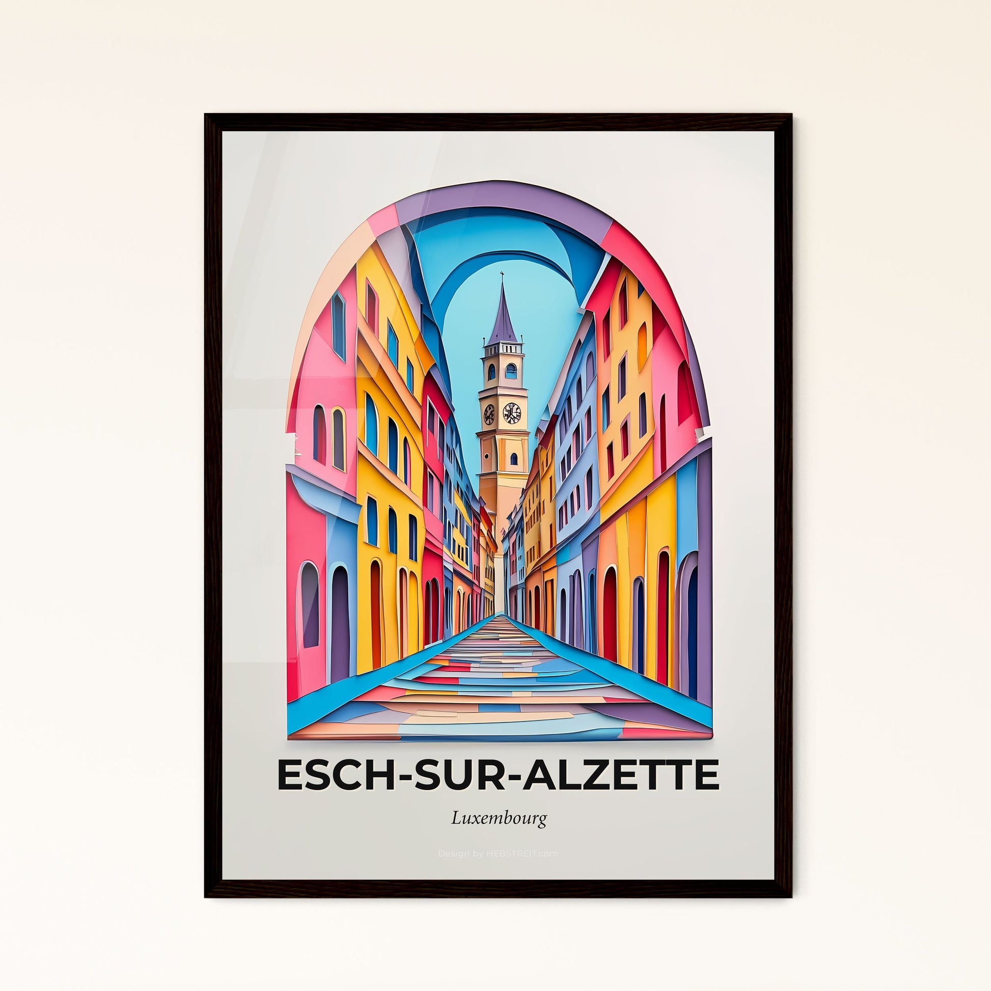 Vivid Esch-sur-Alzette, Luxembourg - a colorful street with a clock tower in the background