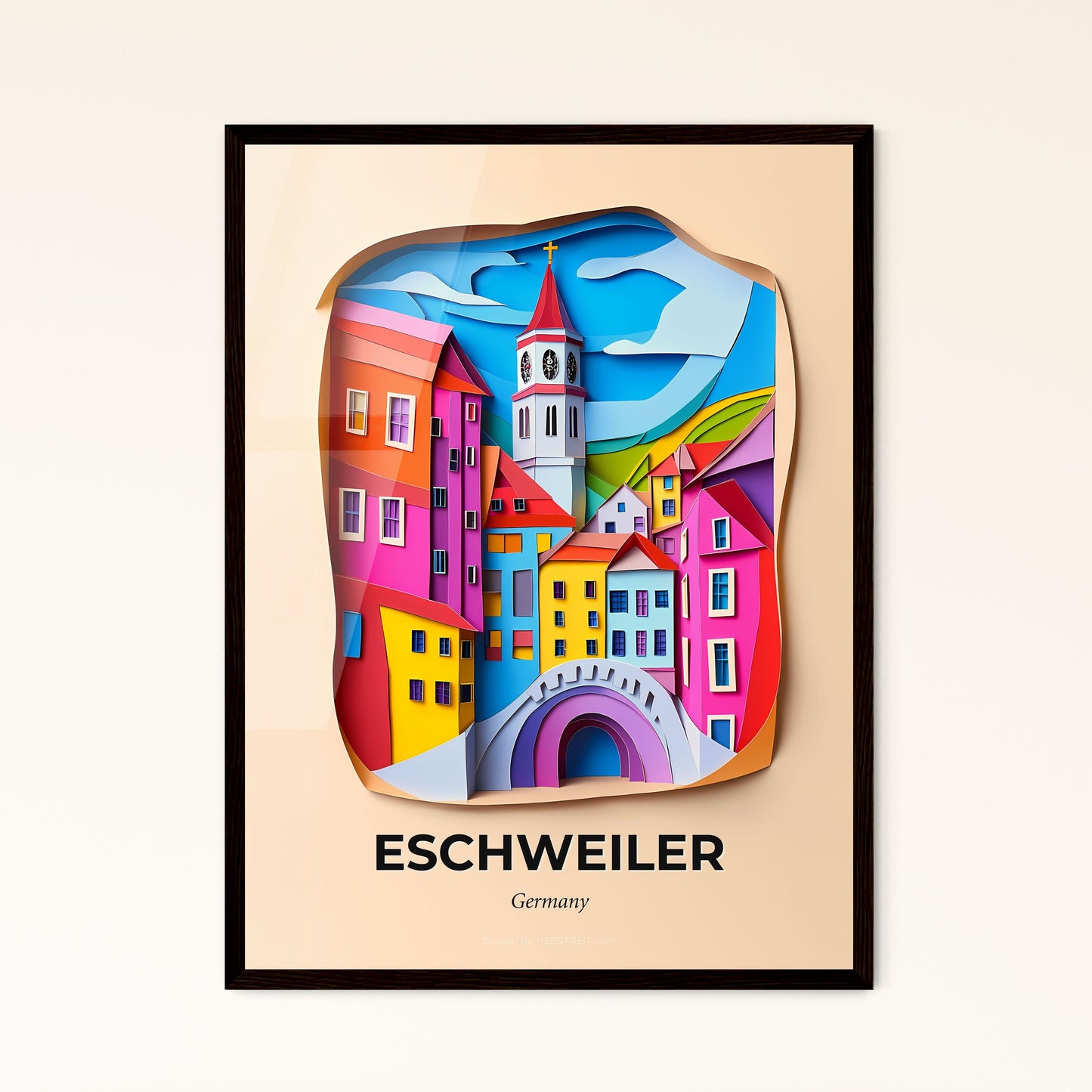 Vivid Eschweiler, Germany - a clock with a colorful city scene on it