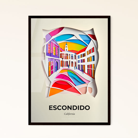 Vivid Escondido, California - a paper cut of a colorful city with a clock tower