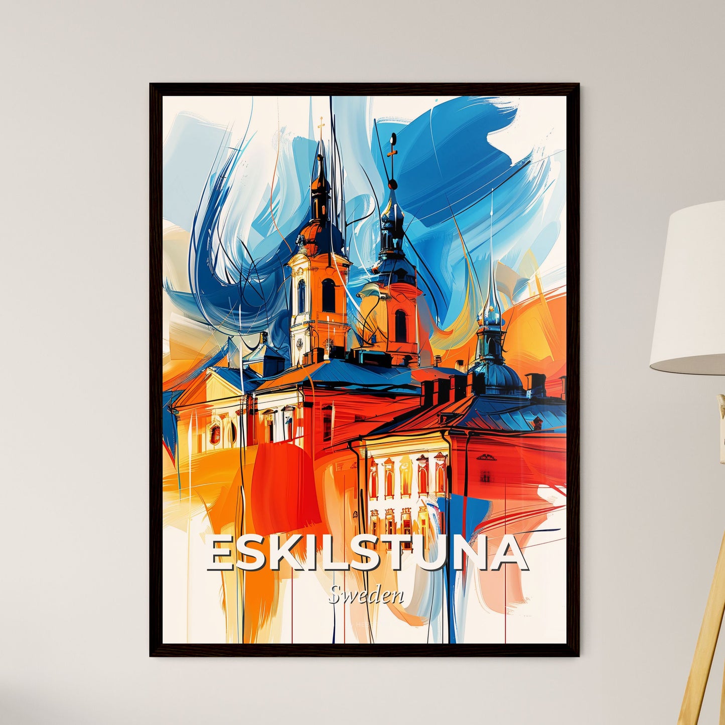 Vibrant Eskilstuna, Sweden - A Painting Of A Building With A Tower