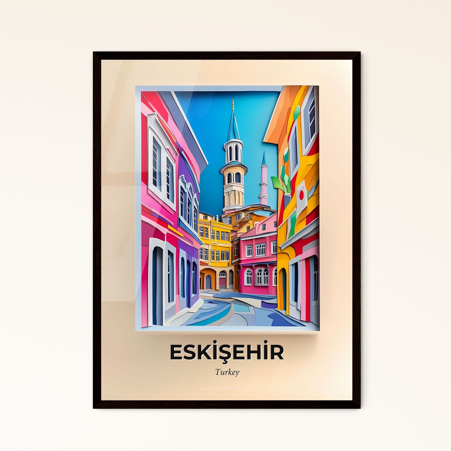 Vivid Eskişehir, Turkey - a painting of a street with a clock tower in the background