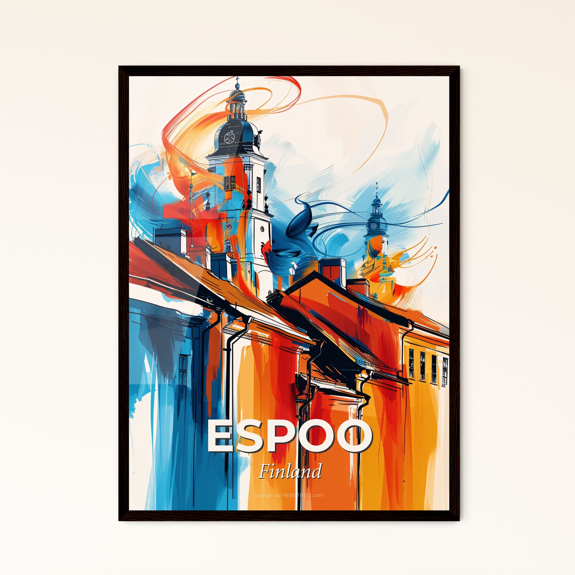 Vibrant Espoo, Finland - A Painting Of A Building With A Tower And A Spire