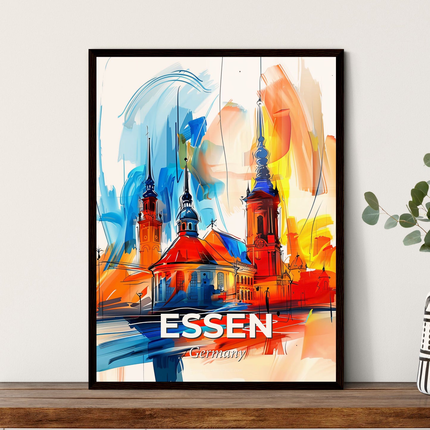 Vibrant Essen, Germany - A Painting Of A Building With Towers