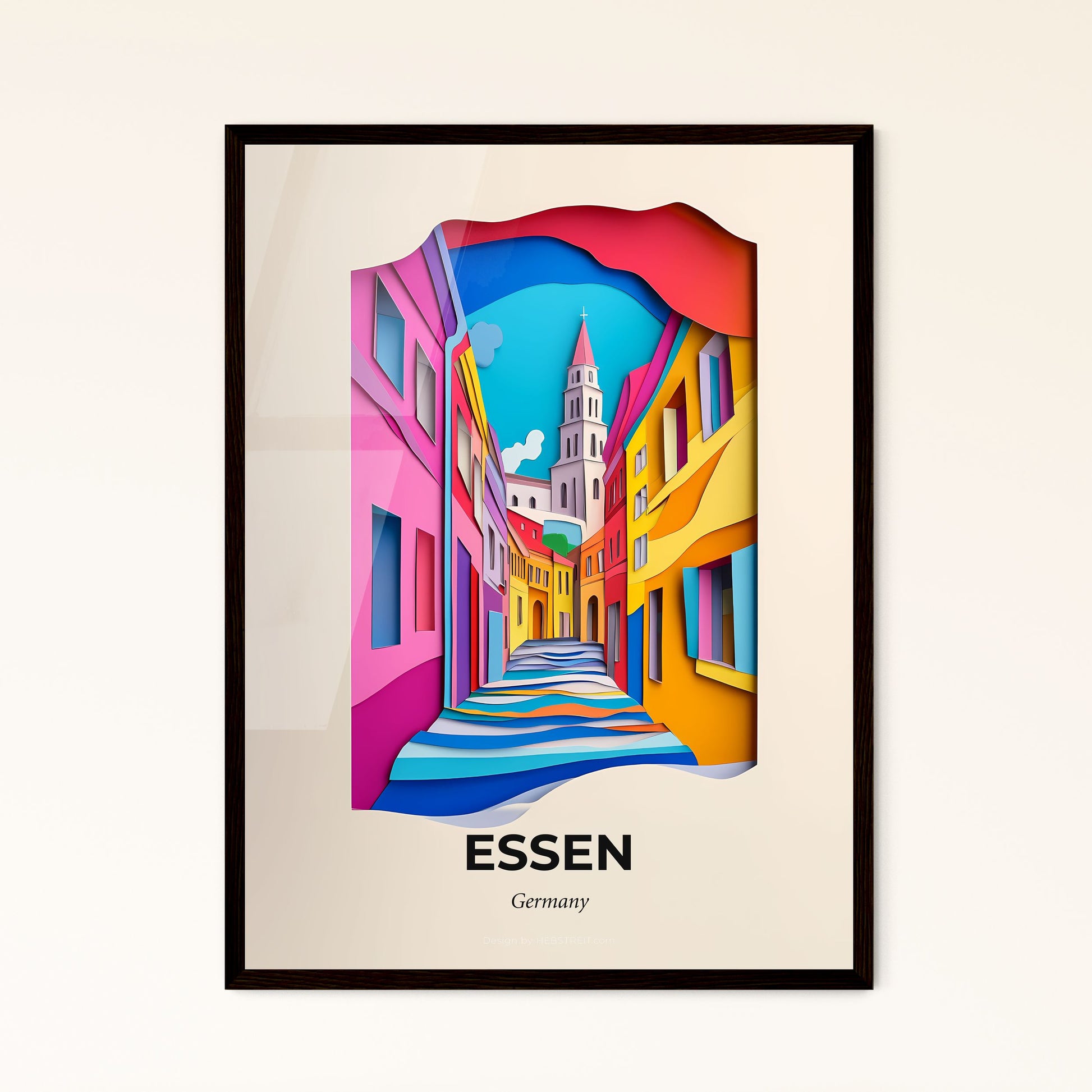 Vivid Essen, Germany - a colorful street with a clock tower in the background