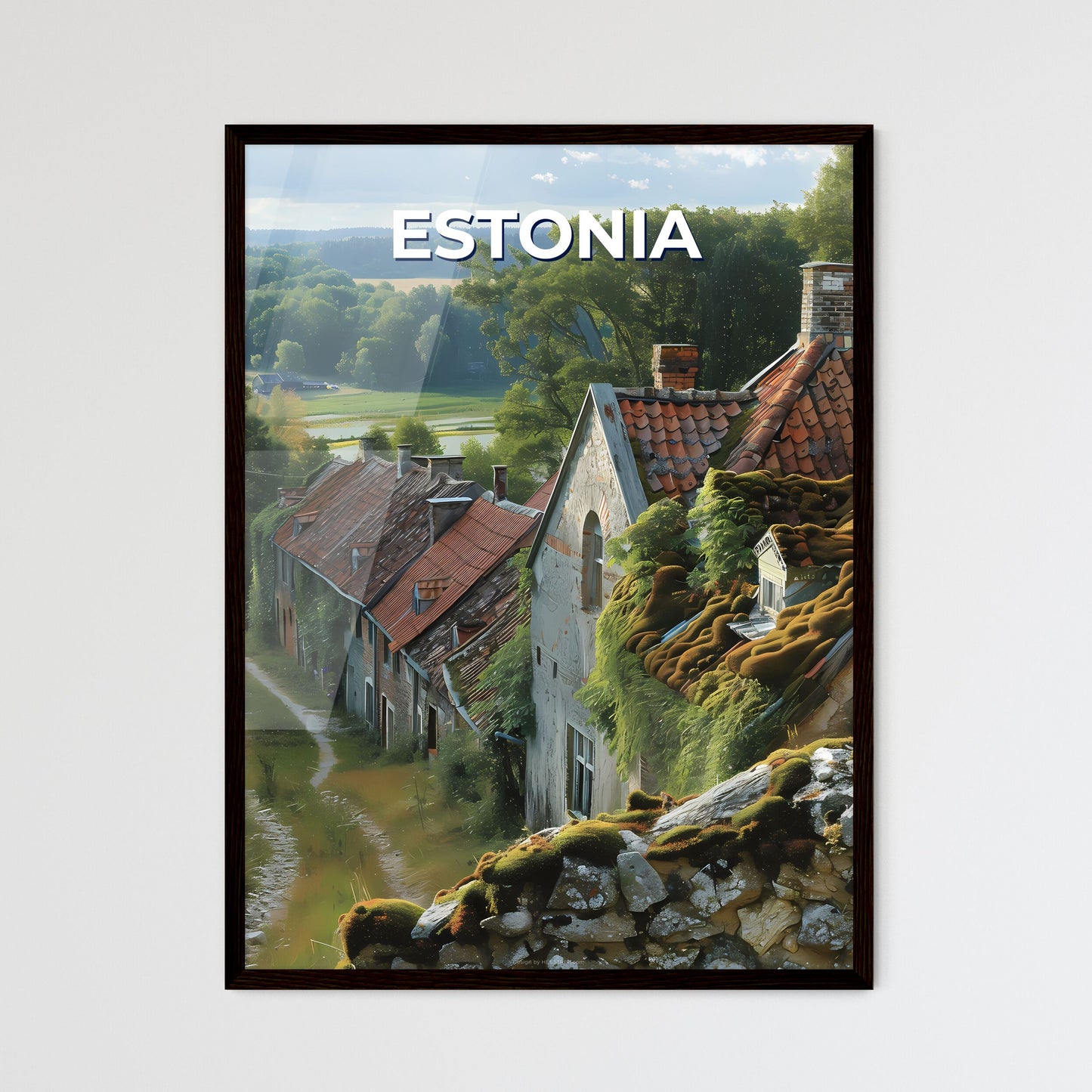 Estonia Europe Historic Old City Colorful Buildings Moss Roof Art Painting