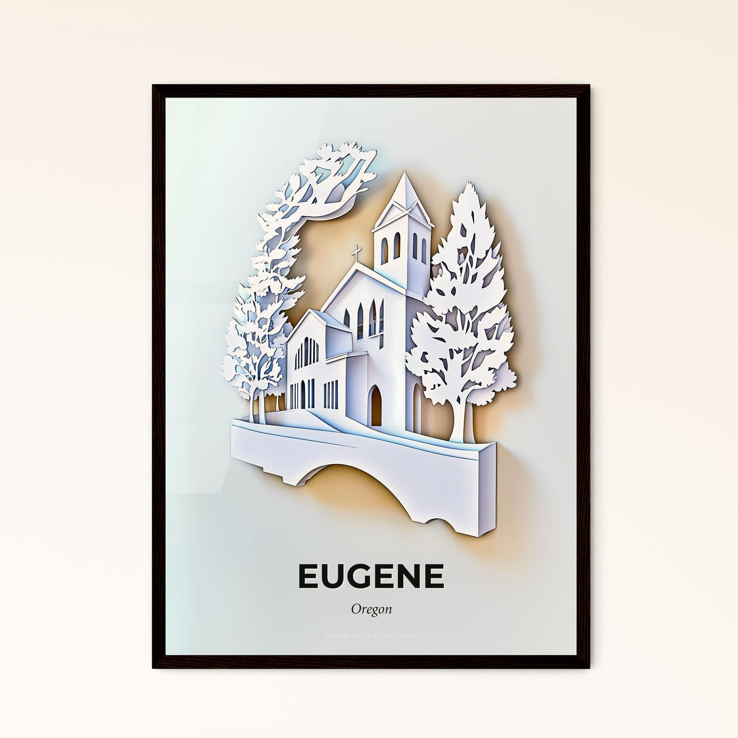 Vivid Eugene, Oregon - a paper cut of a church and trees