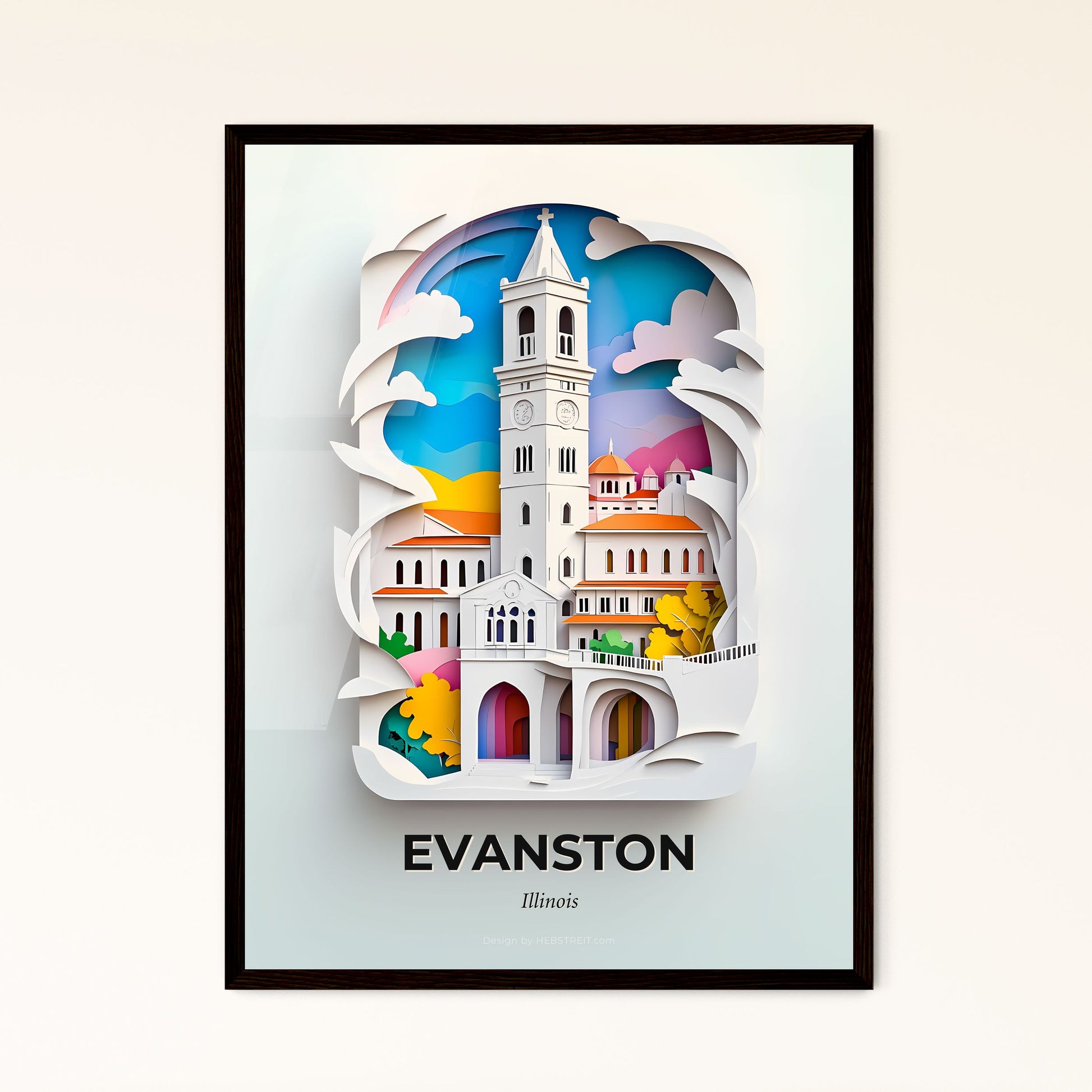 Vivid Evanston, Illinois - a paper cut of a church with a clock tower