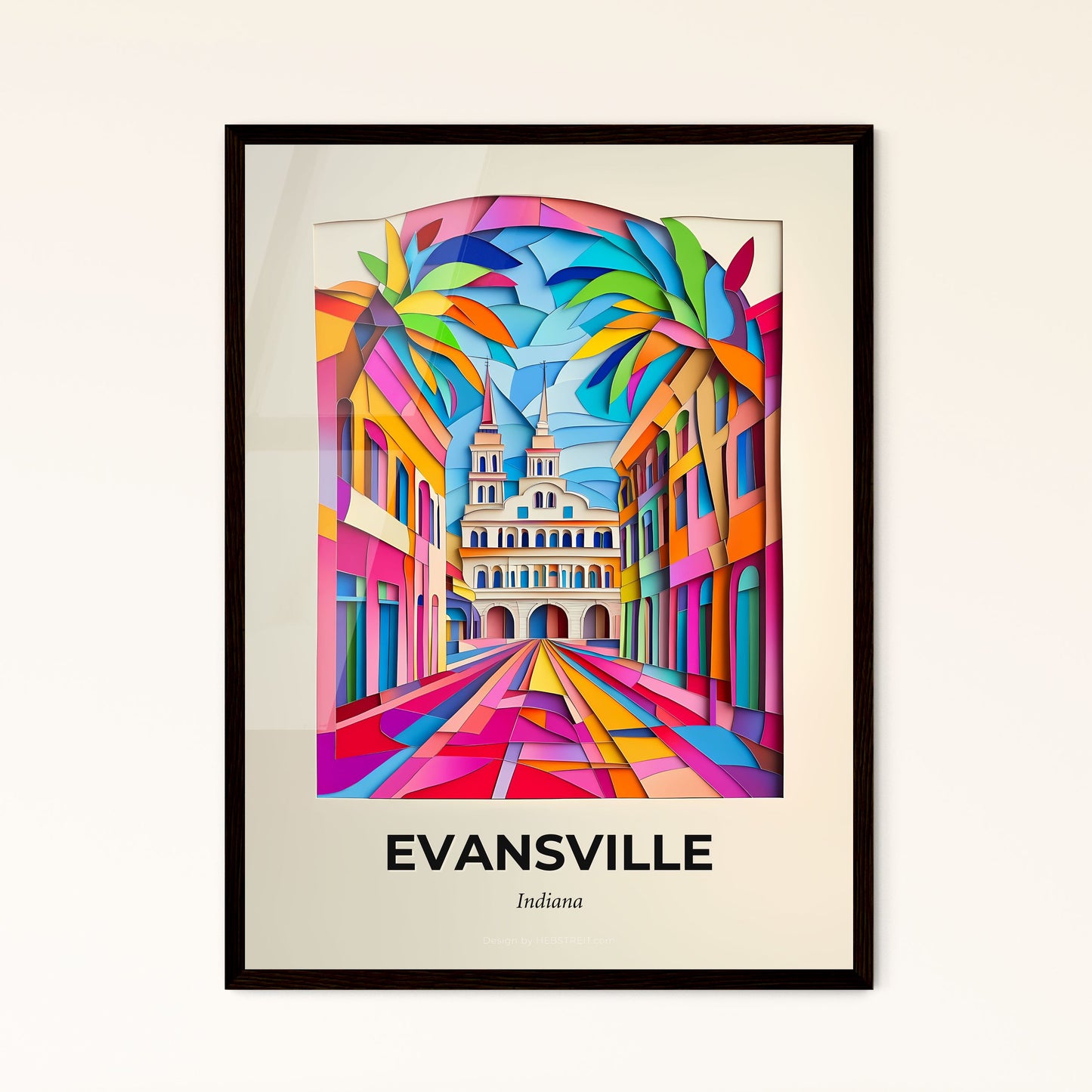 Vivid Evansville, Indiana - a colorful picture of a street with a church in the background