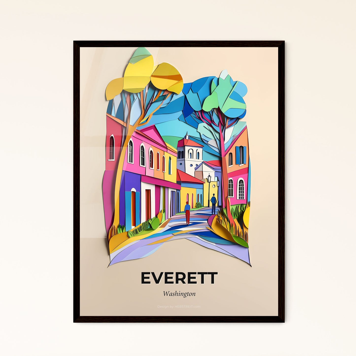 Vivid Everett, Washington - a paper cut of a colorful city with trees