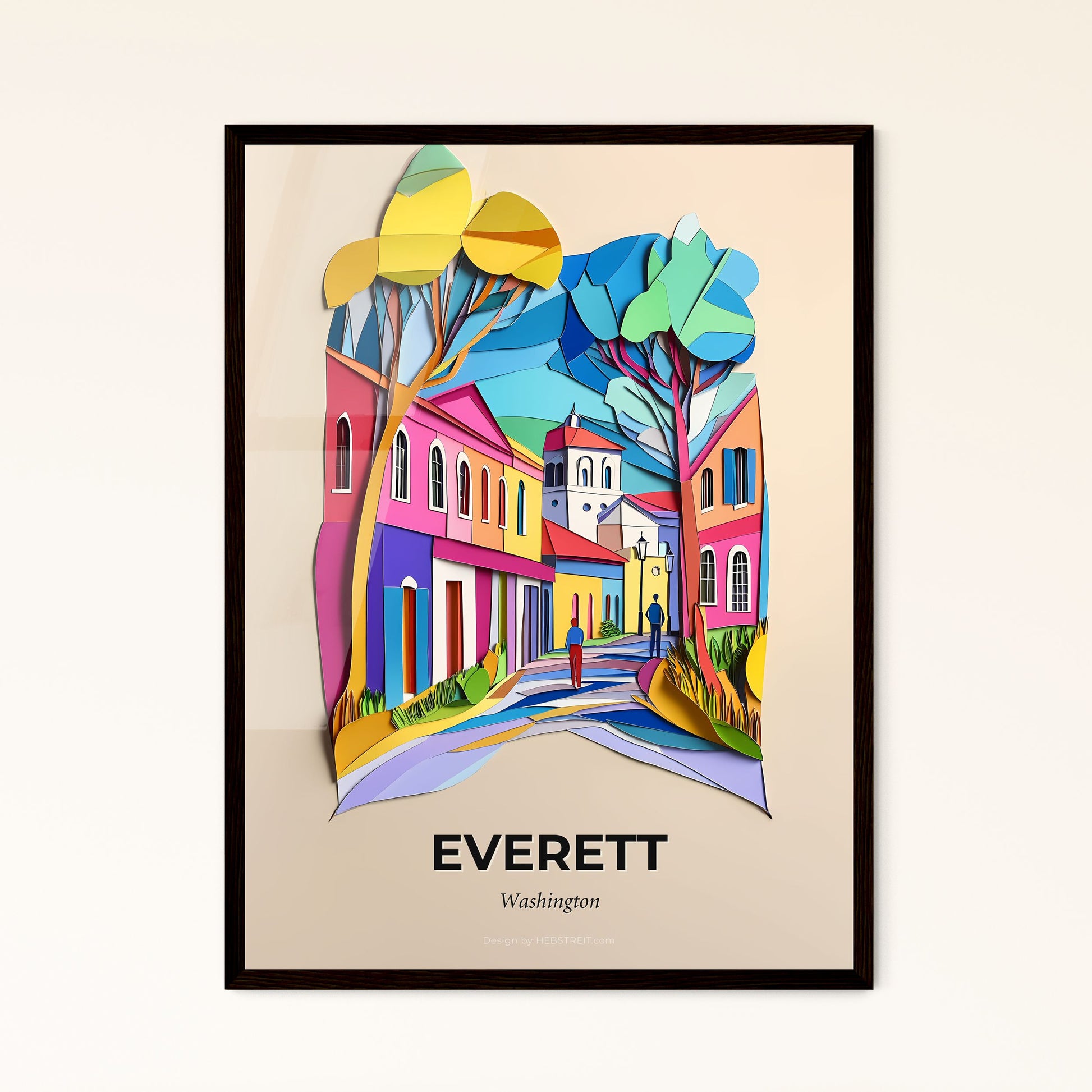 Vivid Everett, Washington - a paper cut of a colorful city with trees