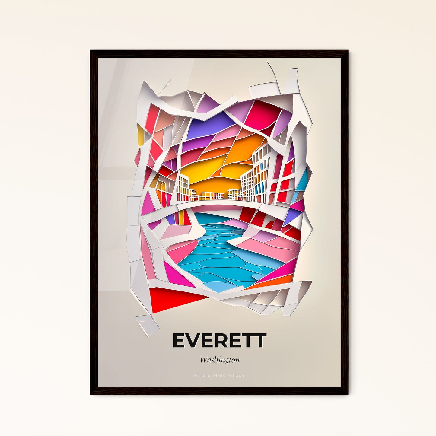 Vivid Everett, Washington - a paper cut of a colorful city with a river