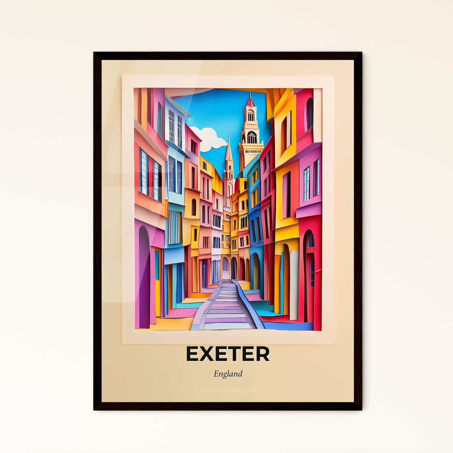 Vivid Exeter, England - a painting of a street with a clock tower