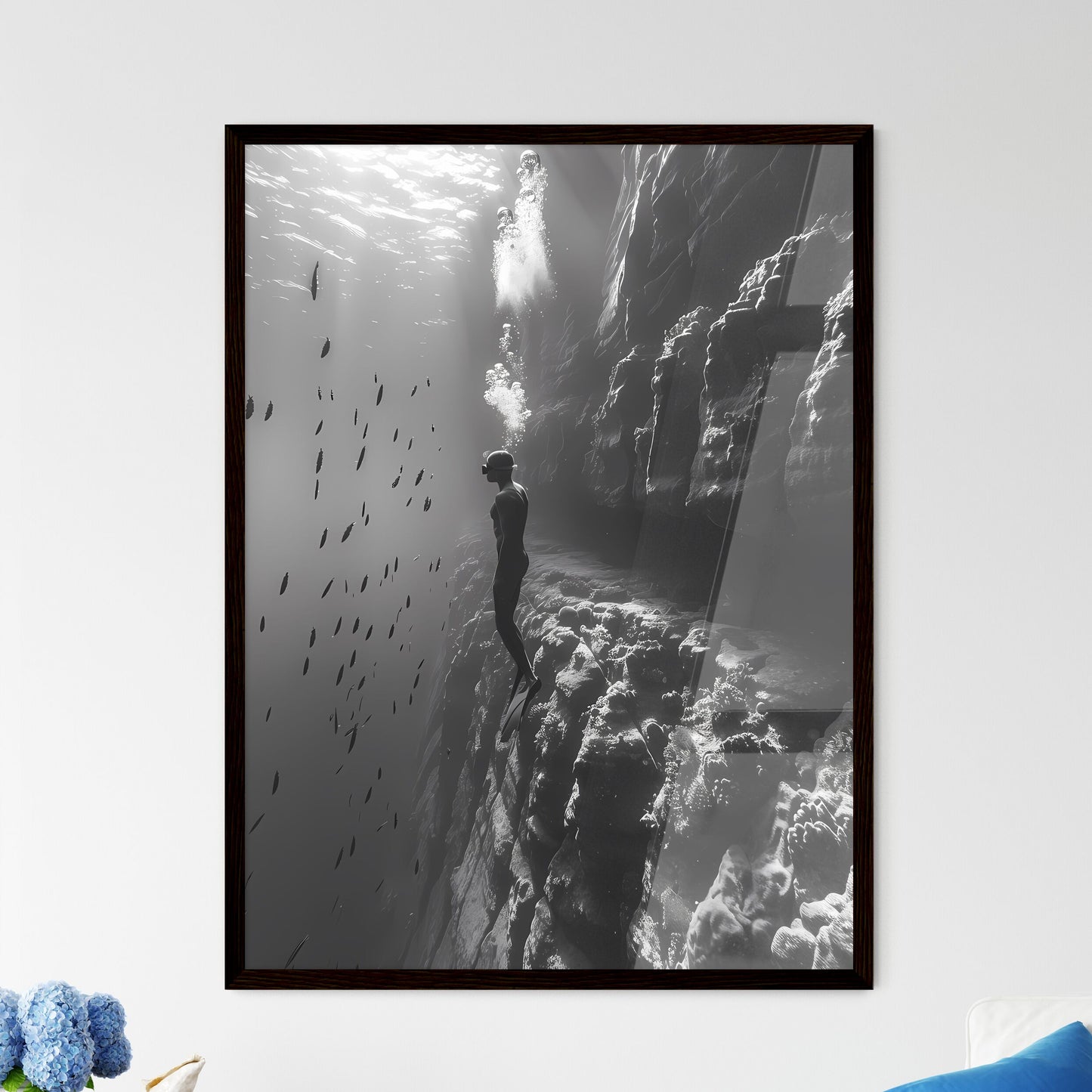 Artistic underwater painting portrait of a free diver in vibrant colors Wall Art