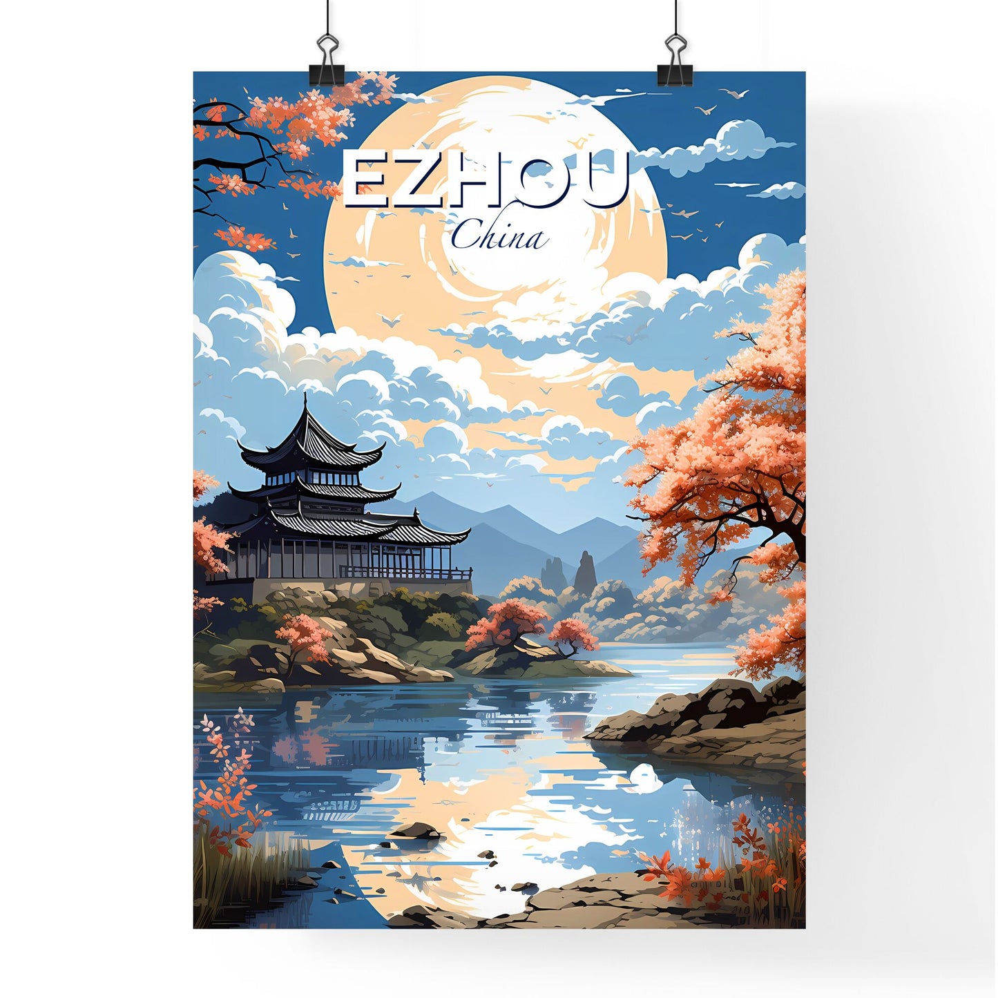 Ezhou China Skyline Painting Pagoda on Hill Water Landscape Art Default Title