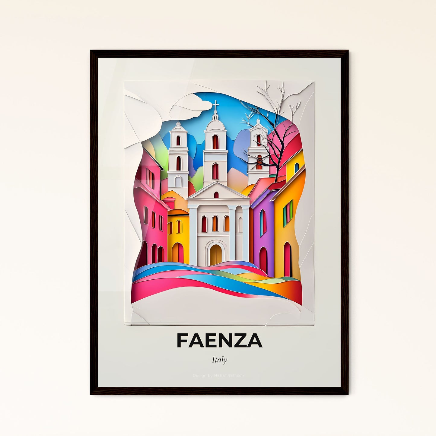 Vivid Faenza, Italy - a paper cut of a church with a rainbow colored river